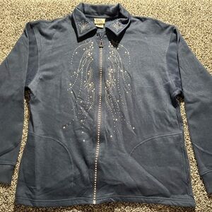 Navy Blue Zip-Up sweatshirt with Rhinestone Design woman’s size xl